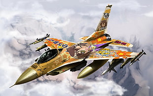 orange and gold jet, artwork, aircraft, General Dynamics F-16 Fighting Falcon