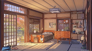 brown wooden framed glass display cabinet, anime, visual novel, Love, Money, Rock'n'Roll (visual novel) HD wallpaper