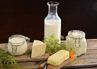 clear glass milk bottle and cheese, food, cheese, milk, glass HD wallpaper