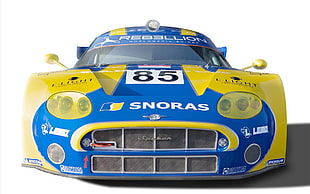 blue and yellow Snoras race car