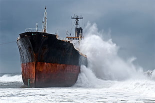 black and brown ship, ship, waves, atlantic ocean, rain HD wallpaper