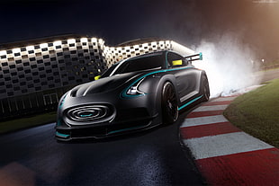 black sports car on race track HD wallpaper