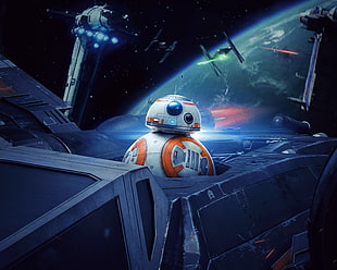 BB-8 illustration, Star Wars, BB-8, TIE Fighter, spaceship