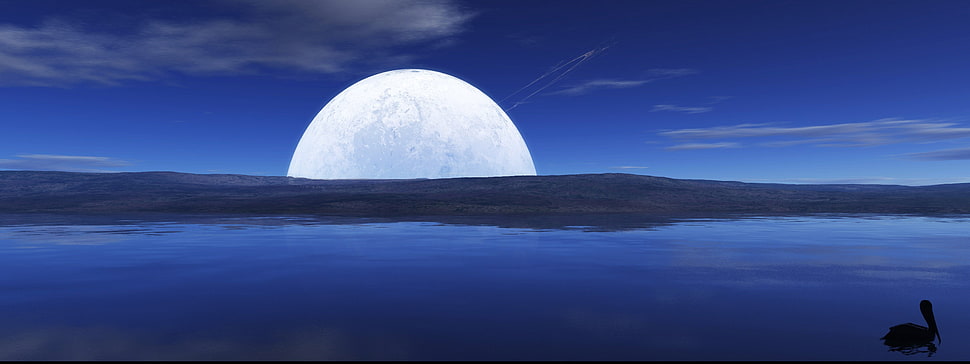 body of water at full moon digital wallpaper, landscape, multiple display HD wallpaper