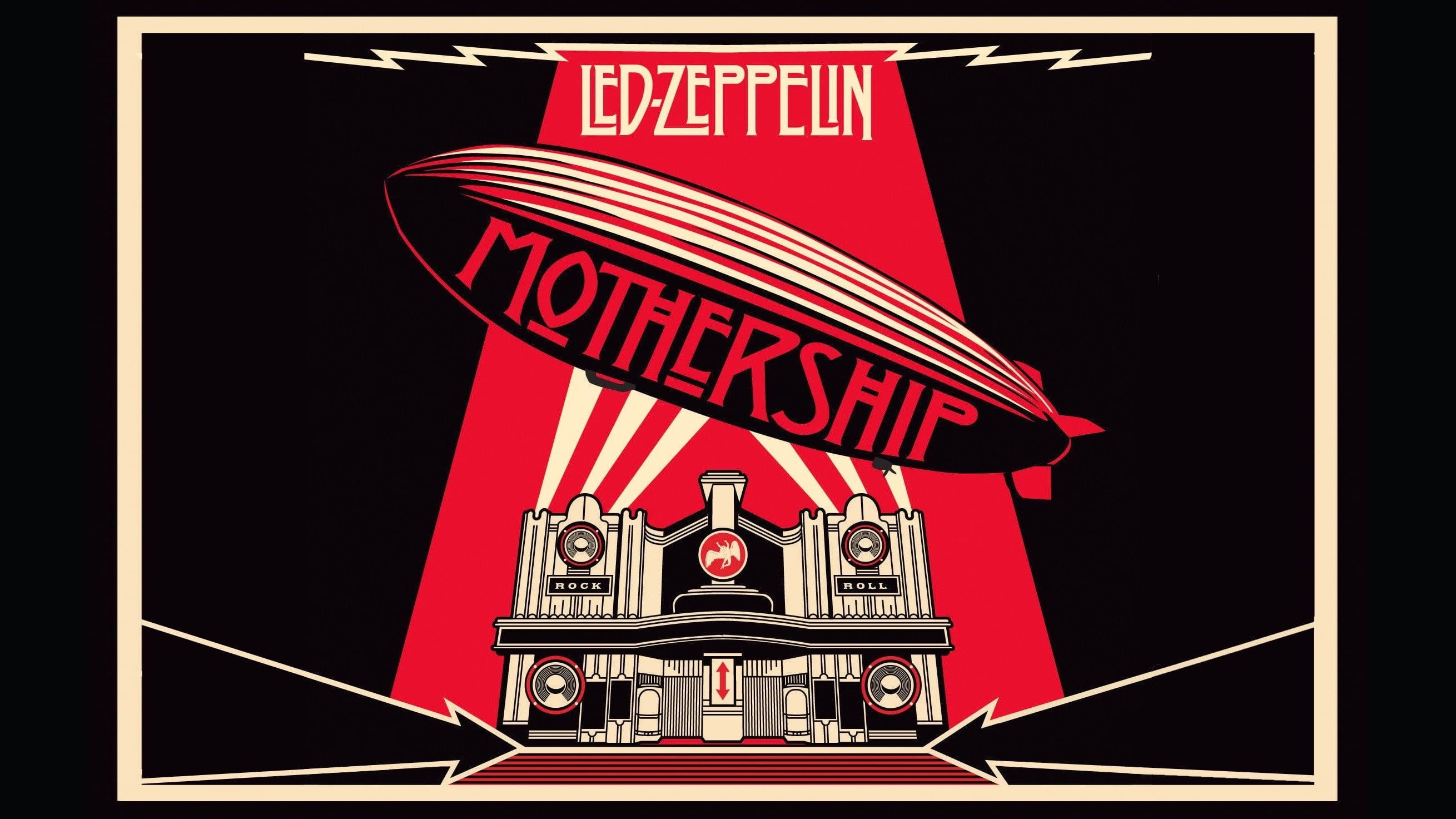 white, black, and red Mothership illustration, music, album covers, Led Zeppelin
