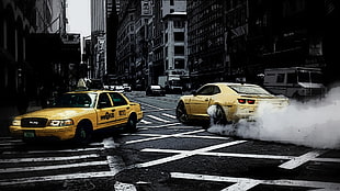 yellow coupe, car, New York City, taxi, street