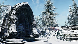 green leafed tree, The Elder Scrolls V: Skyrim, snow, winter, video games