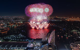 red fireworks display, city, cityscape, fireworks, Japan