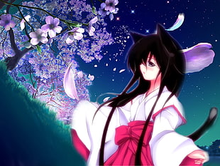 female character in kimono with cat ears and purple flowered tree background during nighttime wallpaper