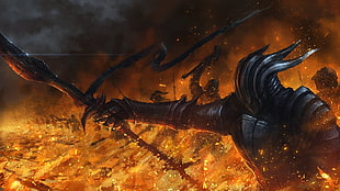 person in black armour holding spear, fantasy art