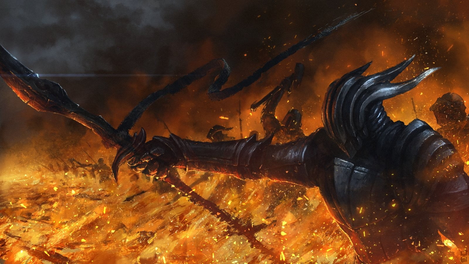 person in black armour holding spear, fantasy art