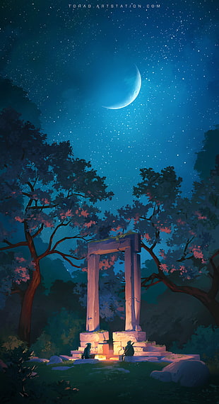 brown concrete arbor illustration, campfire, stone, trees, Moon HD wallpaper