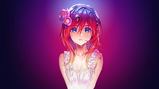 red and purple-haired female anime character in white top