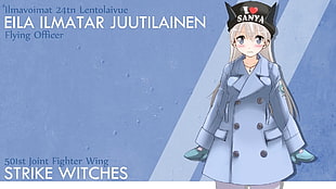 white haired female anime character wears blue double-breasted coat
