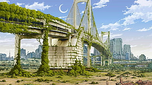 white suspension bridge cartoon illustration, anime, artwork, city, nature