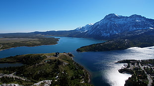 Aerial Photography of body of water and mountain, bears, waterton lakes