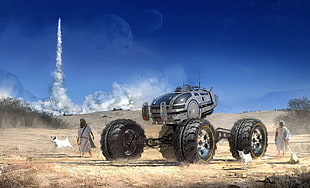 gray and black vehicle, artwork, futuristic, rocket