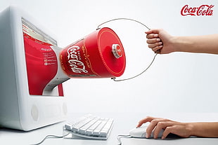 person pulling red Coca-cola insulated cooler bucket on white CRT monitor illustration digital wallpaper