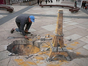 yellow and gray concrete Eiffel Tower decor, street, street art, painting, Eiffel Tower