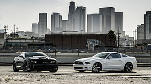white Ford Mustang coupe, muscle cars, Chevrolet, city, Ford Mustang