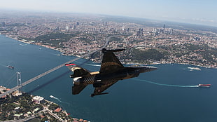 soaring black fighter plane near bridge HD wallpaper