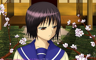 black short haired anime girl character wearing purple school girl uniform