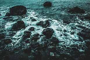 brown boulders, Sea, Shore, Stones