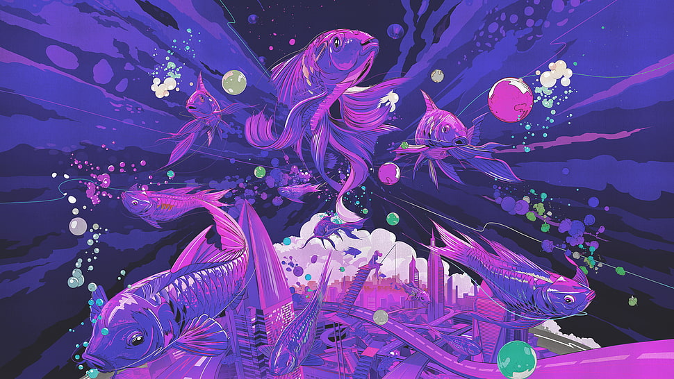 purple and pink pink digital artwork, fish, underwater, purple HD wallpaper