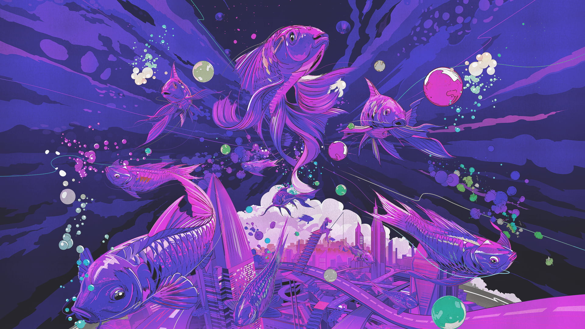 purple and pink pink digital artwork, fish, underwater, purple