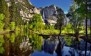 photo of bodies of water near cliff, merced river, yosemite national park