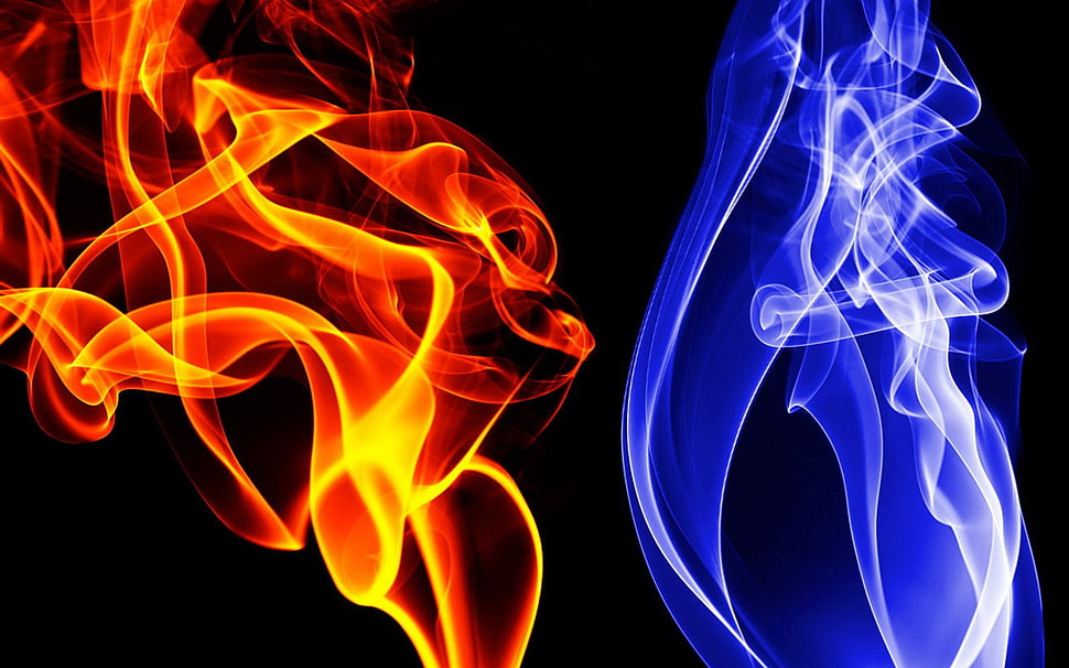 blue smoke and orange fire illustration, simple background, abstract, digital art, colorful HD wallpaper
