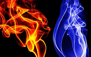 blue smoke and orange fire illustration, simple background, abstract, digital art, colorful