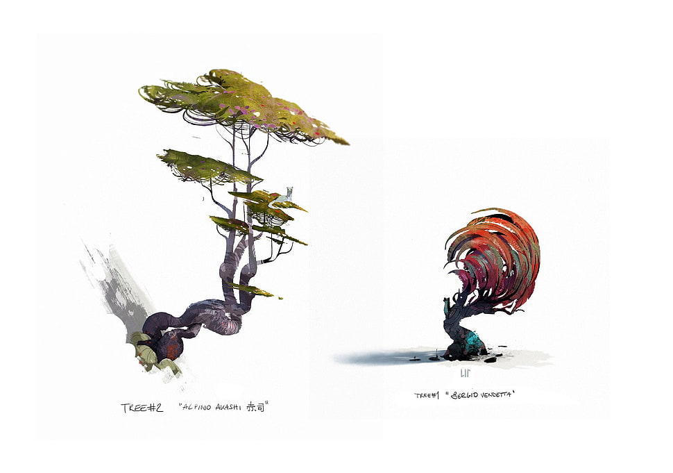 two assorted trees illustrations, artwork, digital art HD wallpaper