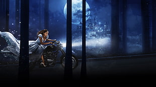 woman in gray dress rides on motorcycle under black skies and full moon