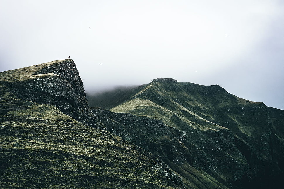 black and gray floral bed sheet, mountains, clouds, mist, alone HD wallpaper