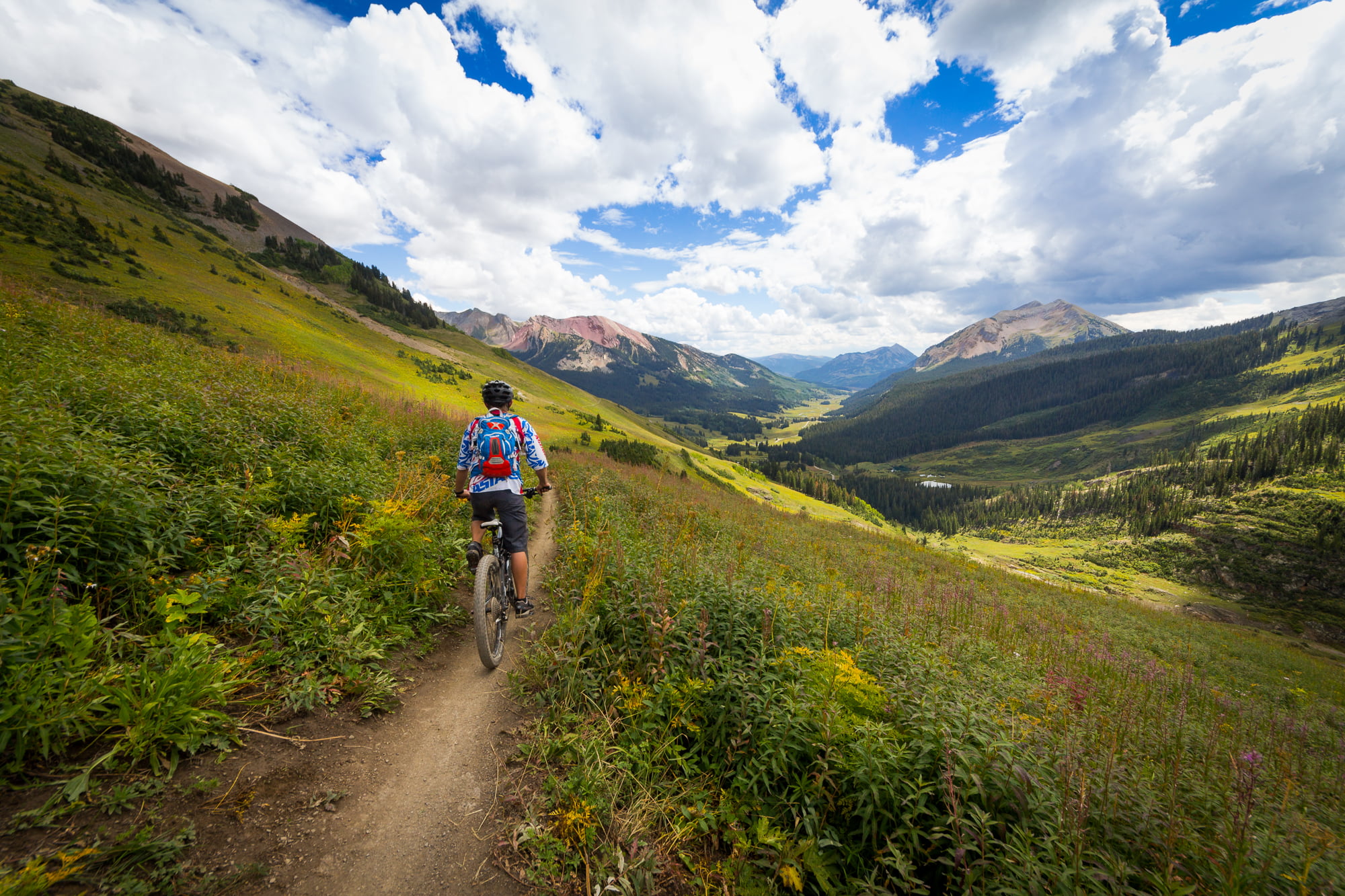 man riding mountain bike on pathway near green grass during daytime, crested butte