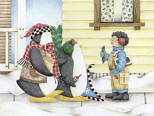 two penguins and child illustration