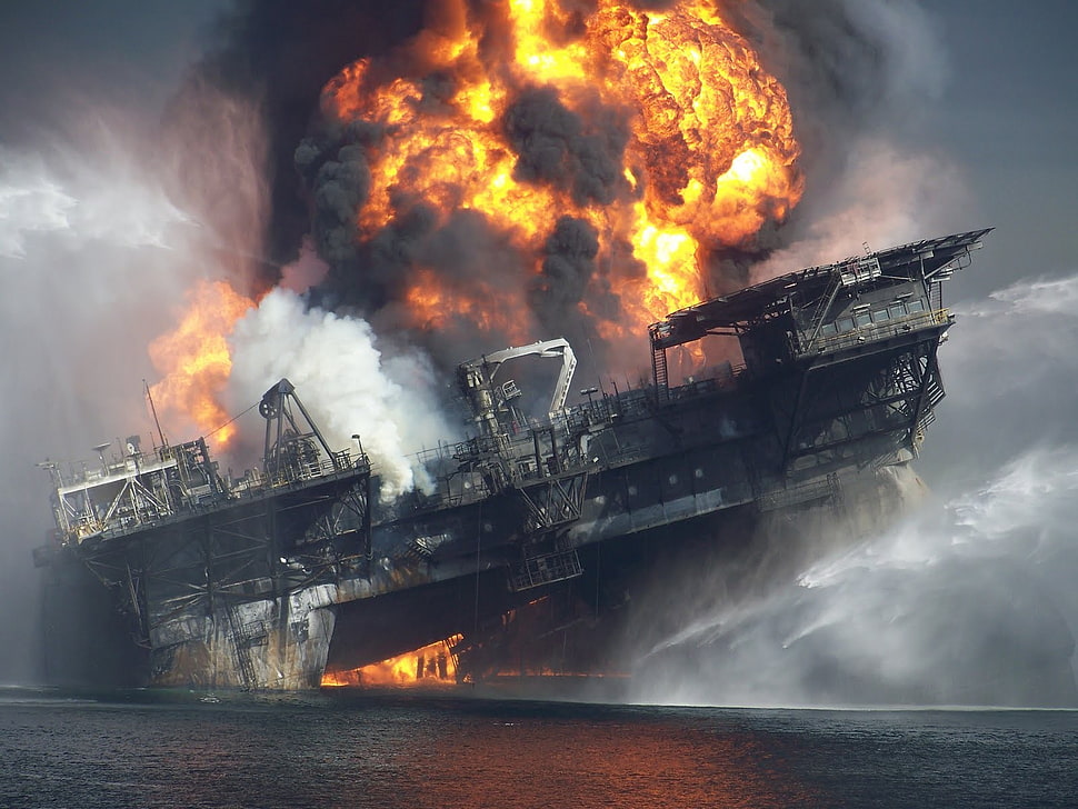 grey burning ship digital wallpaper, fire HD wallpaper