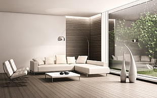 architectural photography of white leather mid-century modern sectional sofa inside living room