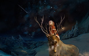 reindeer character in snow field in nighttime poster