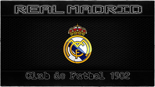 1902 Real Madrid football club logo with text overlay, Real Madrid, soccer, sports, soccer clubs HD wallpaper
