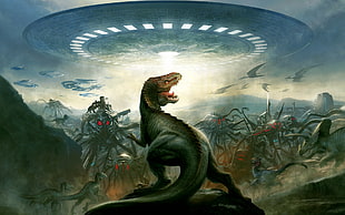 t-rex and UFO painting