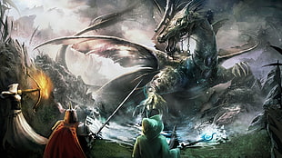 three people fighting dragon digital wallpaper