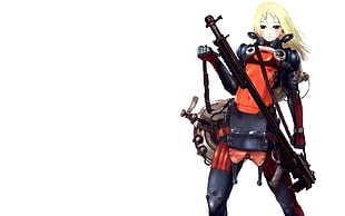 yellow haired female anime character carrying sword in armored suit