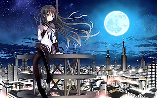 black haired anime girl sitting on black steel frame