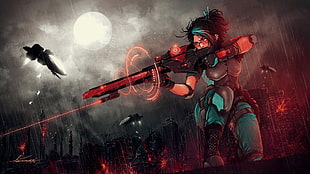 black haired female character with gun