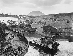 grayscale photo of boats, monochrome, World War II, Iwo Jima