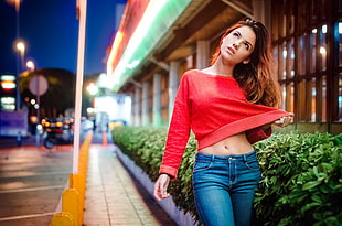 women's red long-sleeved shirt, Delaia Gonzalez , women, model, portrait HD wallpaper