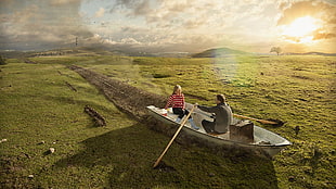 woman and man riding boat on land HD wallpaper
