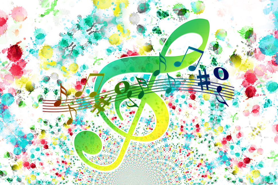 green treble clef and musical notes HD wallpaper